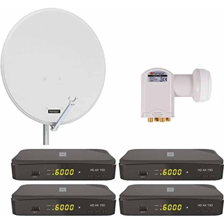 Opticum Digitale 4 Teilnehmer Satelliten-Komplettanlage (HD AX 150 HDTV-Receiver, Quad-LNB, QA 80 cm Antenne, Stahl) lichtgrau