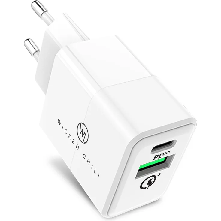 Wicked Chili 20W Dual USB-Netzteil mit Quick Charge und USB C PD - Schnellladegerät kompatibel mit iPhone 12, Xiaomi, LG, Magsafe Ladegerät, 20W PD 3.0 & QC 3.0 Dual-Port Lade-Adapter, weiß