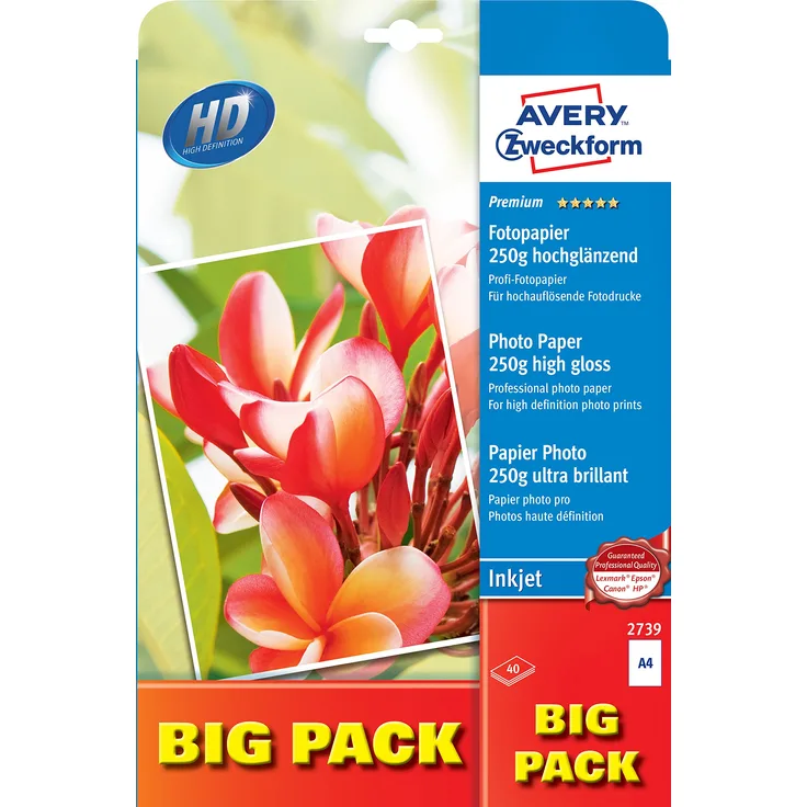 AVERY Zweckform 2739 Premium Inkjet Fotopapier (A4, einseitig beschichtet, hochglänzend, 250 g-m², 40 Blatt)