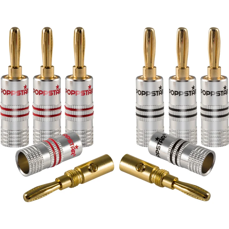 Poppstar 8x High End Bananenstecker, Bananas für Lautsprecherkabel (bis 6 mm²), Lautsprecher, AV Receiver, 24k vergoldete Kontakte (4x schwarz, 4x rot) – Bild 1