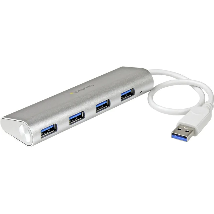 StarTech ST43004UA USB Kompakter (4 x USB 3.0, Eingebautem Kabel, Aluminium USB Hub) silber
