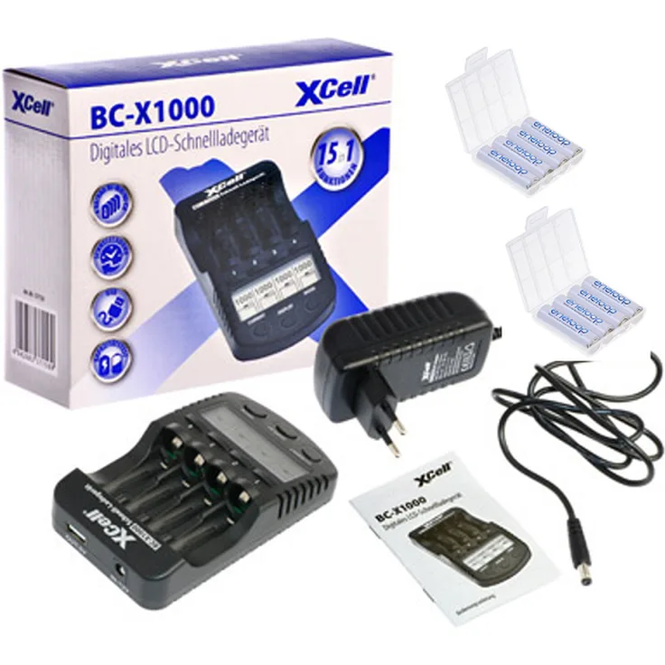 Schnellladegerät mit LCD-Display + 8x eneloop AAA Micro + 2x Akkubox