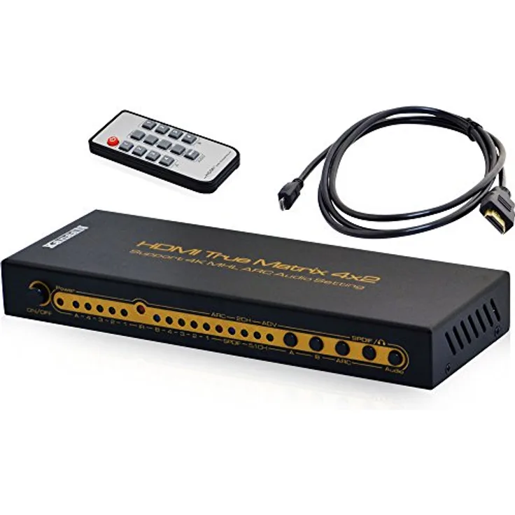 LEICKE Kanaan 4x2 UHD-Matrix HDMI 1.4 | 4K, 2K, 1080p etc. | Fernbedienung | ARC | SPDIF | Dolby 5.1, Kopfhörer-Ausgang