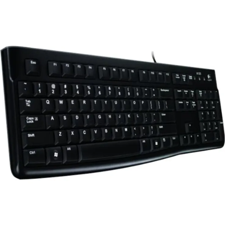 Logitech K120 Kabelgebundene Business Tastatur für Windows und Linux, USB-Anschluss, Leises Tippen, Robust, Spritzwassergeschützt, Tastaturaufsteller, US QWERTY-Layout - schwarz