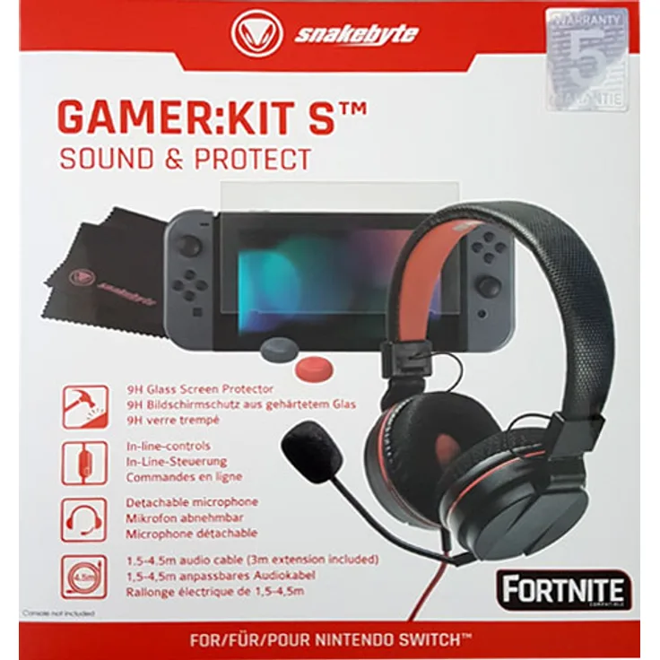 snakebyte Switch GAMER:KIT S - Sound & Protect - Set bestehend aus Kopfhörer mit bis zu 4,5m Kabellänge - H9 Panzerglas Schutzfolie und 2 Gummierten Control Caps