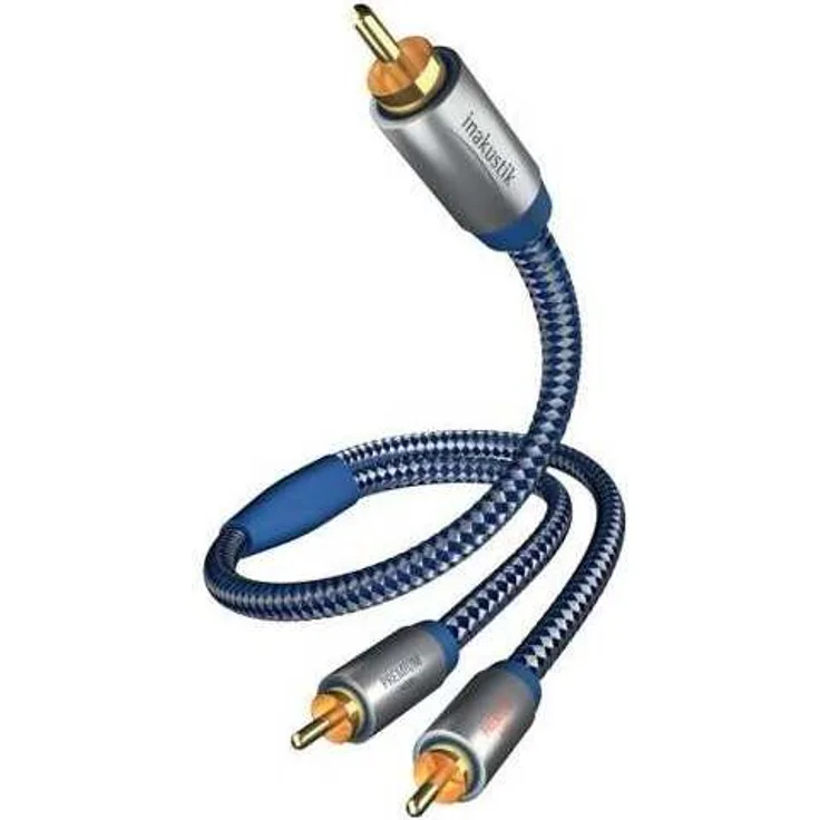 inakustik 0040805 Premium Y-Subwooferkabel, Für kraftvollen und dynamischen Bass dank eines hohen Kupfergehaltes, 5,0m in Blau-Silber, 2-fache Abschirmung - Vollmetallstecker - moderner Geflechtschirm