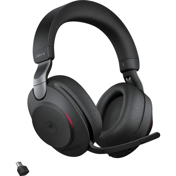 Jabra Evolve2 85 Wireless Headset, Noise Cancelling Microsoft Teams Stereo Kopfhörer mit langer Akkulaufzeit, USB-C Bluetooth Adapter, schwarz