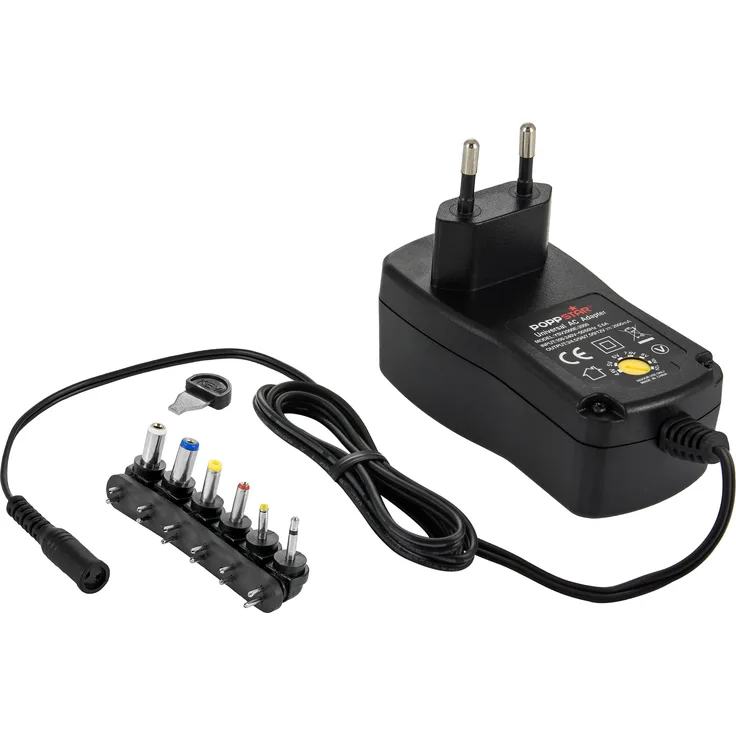 Poppstar Universal Schaltnetzteil (3V 4,5V 5V 6V 7,5V 9V 12V - 2A (2000mA) Netzteil mit 6 Wechselsteckern (5.5x2.5, 5.5x2.1, 4.0x1.7, 3.5x1.35, 2.35x0.7, 2.5mm Mono), 150cm