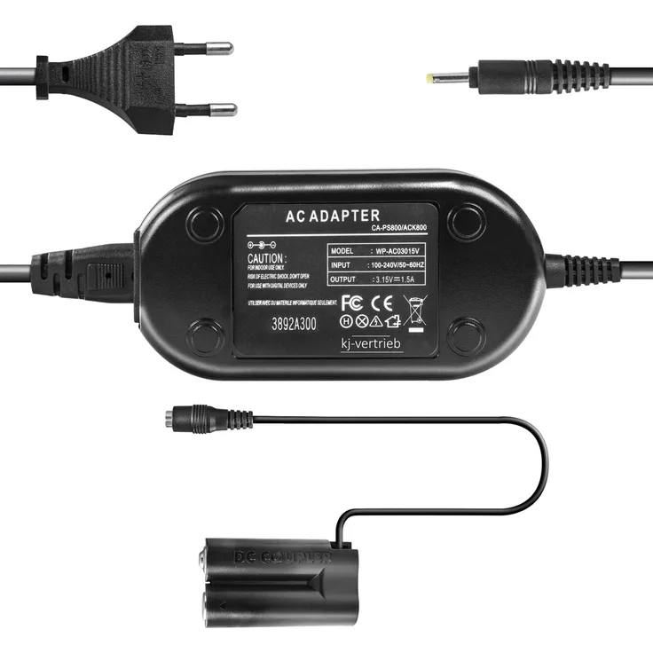kj-vertrieb Netzteil mit Akkuadapter für Canon Powershot A100, A200, A300, A580, A590IS, A800, S150IS, SX120IS, A2100 IS, E1 - ersetzt DR-DC10 - 5V 1,5A