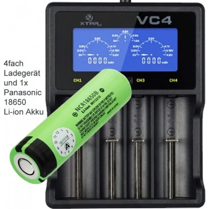 Panasonic 18650 Li-Ion Akku und 4fach Li-Ion Schnell-Ladegerät