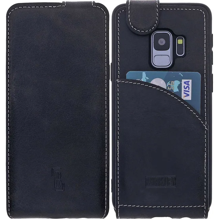Burkley Lederhülle Samsung Galaxy S9 Handyhülle Handytasche - bruchfeste Schutzhülle mit Kartenfach - QI-Fähig - Handmade in Europe (Schwarz)