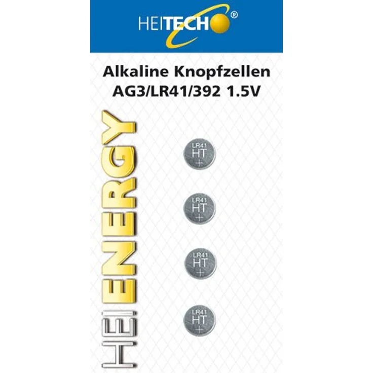 HEITECH 4er Pack AG3 Alkaline Knopfzellen Batterie geprüft 1,5V - LR41 - L736 - LR736 - SR41 - SR736W - SR41W - 192-392 - Knopfbatterien auslaufsicher & mit Langer Haltbarkeit