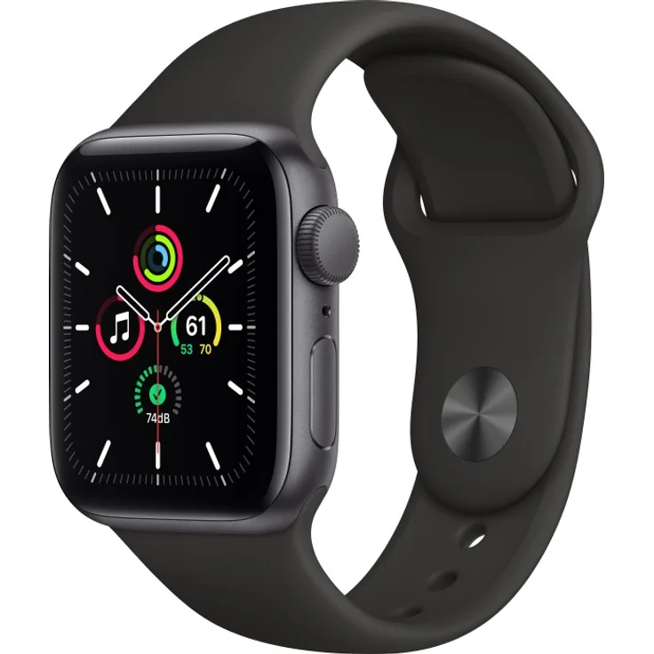 Apple Watch SE 2020 (1. Generation) Smartwatch GPS, 40mm, Aluminiumgehäuse Space Grau, Sportarmband Schwarz