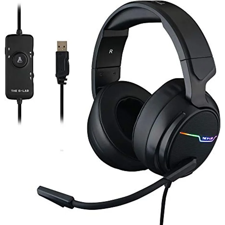 The G-LAB Korp Thallium Gaming-Kopfhörer, USB, 7.1, Digital Surround Headset für Gamer, Audio Mikrofon mit Geräuschreduzierung LED RGB kompatibel mit PC PS4 Mac (Schwarz)