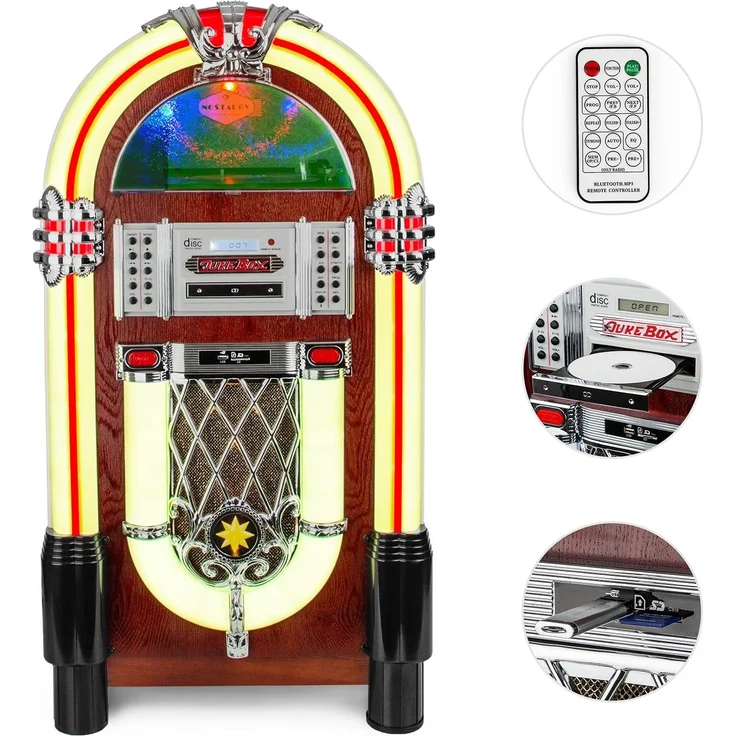 auna Graceland TT - Jukebox, Retro Musikbox, Bluetooth, Plattenspieler, MP3-fähiger CD-Player, USB-Port, SD-Karten Slot, Aufnahmefunktion, AUX-Eingang, UKW Radio, LED-Beleuchtung, braun – Bild 3