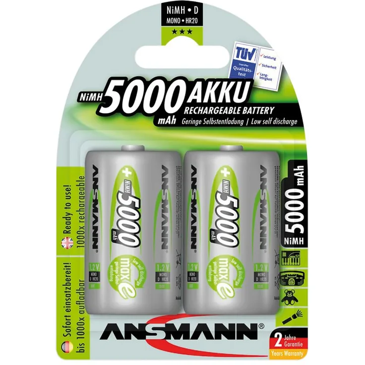 ANSMANN Akku D Mono 5000mAh 1,2V NiMH 2 Stück für Geräte mit hohem Stromverbrauch - Wiederaufladbare Batterien maxE - Akkus für Spielzeug, Taschenlampe, Radio, Modellbau uvm - Rechargeable Battery