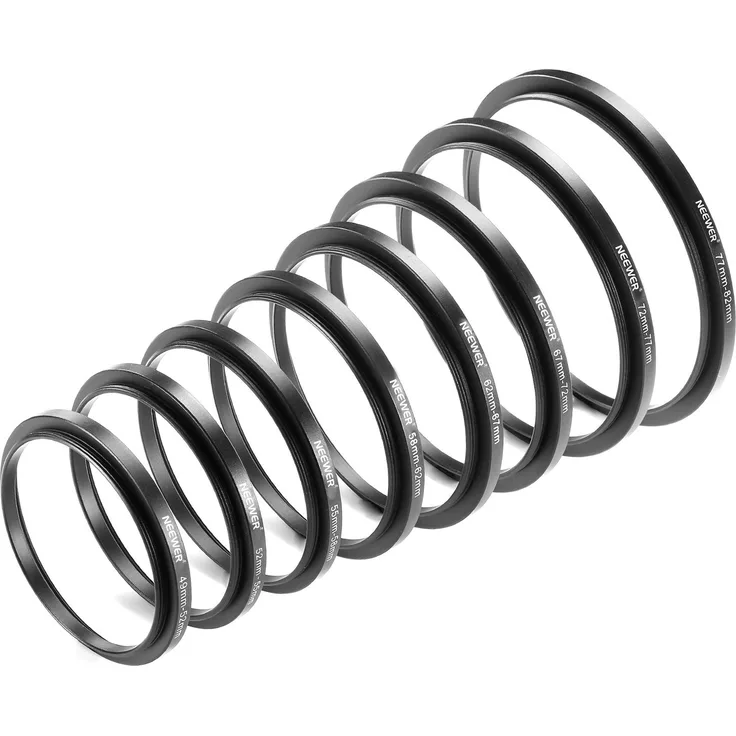 Neewer® 8 Stück Step-up-Adapter-Ring Set Aus hochwertigem eloxiertem Aluminium, beinhaltet: 49-52mm, 52-55mm, 55-58mm, 58-62mm, 62-67mm, 67-72mm, 72-77mm, 77-82mm- -Schwarz