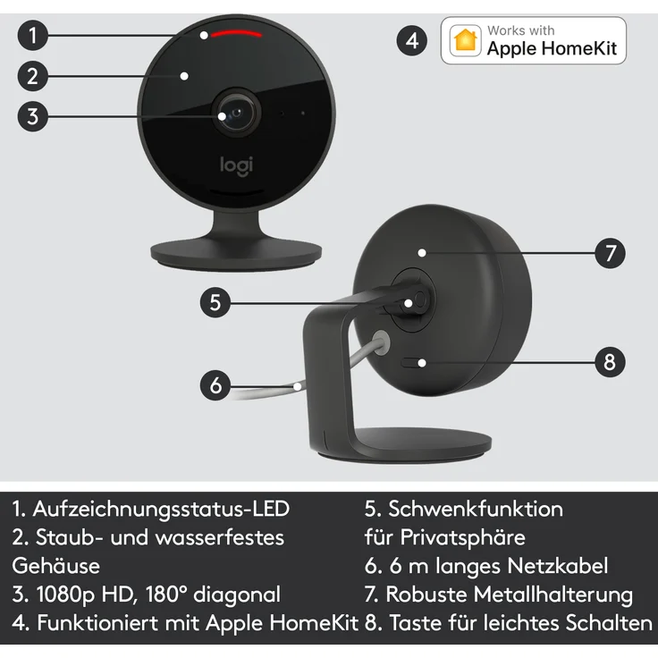 Logitech Circle View Camera, wetterfeste kabelgebundene Überwachungskamera für zu Hause, 180° Weitwinkel, 1080p HD, Nachtsicht, 2-Wege-Audio, Verschlüsselung und Apple HomeKit Secure Video, Schwarz (961-000490) – Bild 6