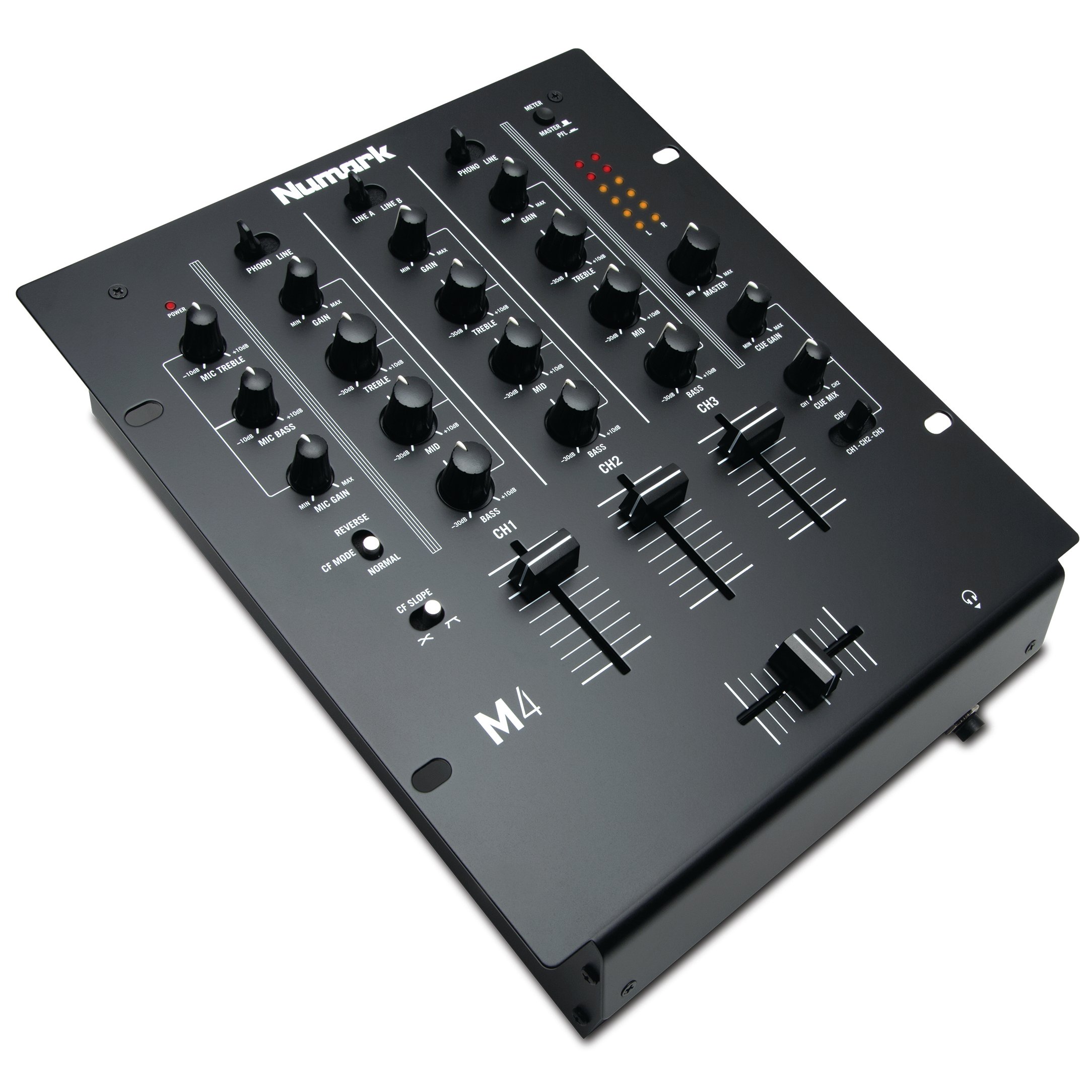 Numark M4 - 3-Kanal DJ-Scratch-Mixer, rack-einbaufähig, mit 3-Band-Equalizer, für die Disco ausgelegten Eingängen, Mikrofon-Eingang, austauschbarem Crossfader und Reverse--Slope-Reglern
