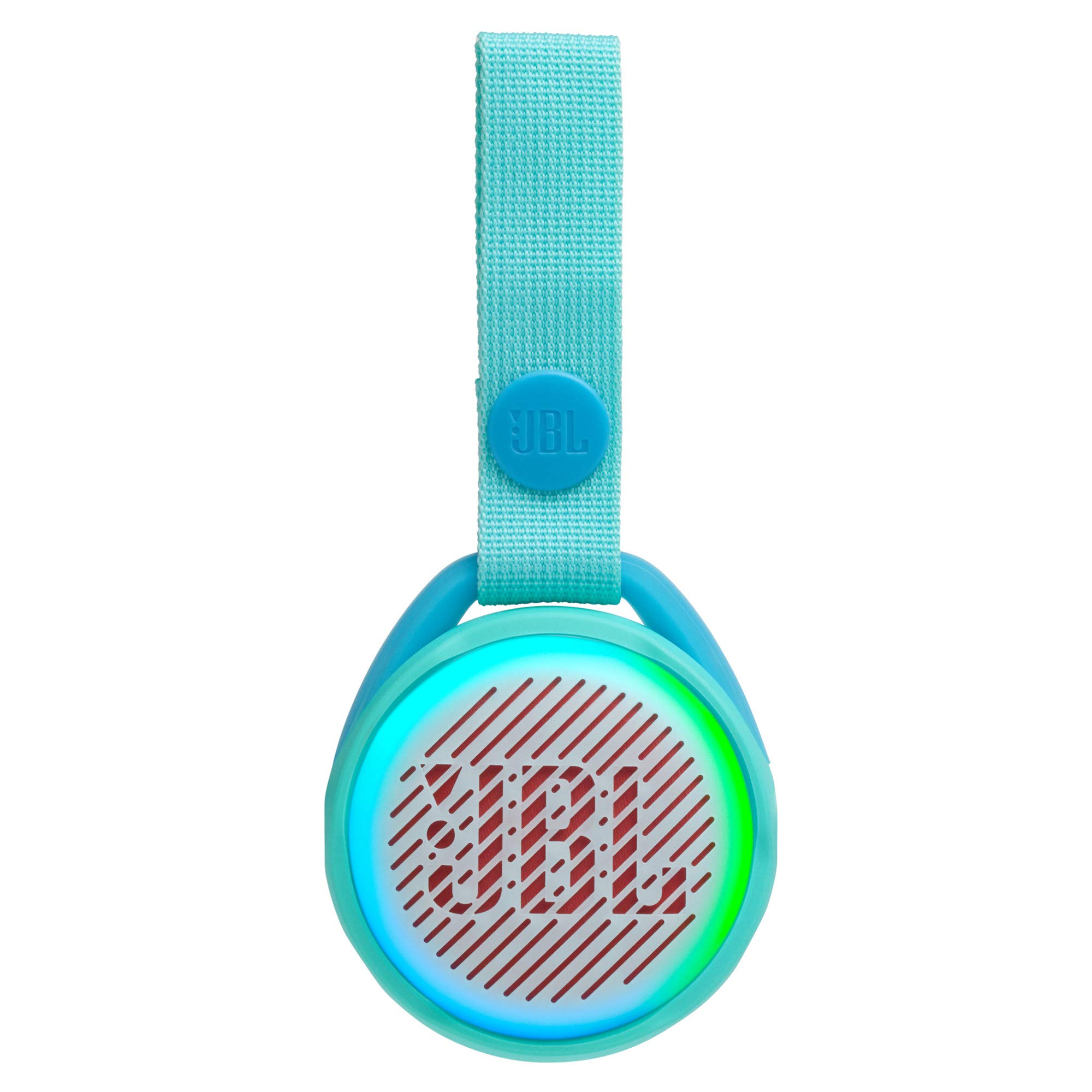JBL JR Pop Mini-Boombox für Kids - Poppiger, wasserdichter Bluetooth-Lautsprecher mit eingebauten Lichtmotiven - Bis zu 5 Stunden Musik hören mit nur einer Akku-Ladung Türkis