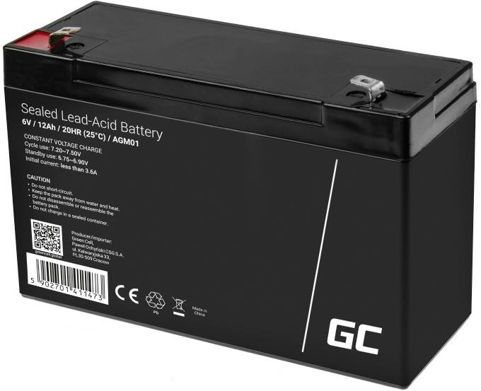 Green Cell AGM01 Bleiakku 6V 12Ah Blei-Vlies (AGM) (B x H x T) 151 x 94 x 50mm Flachstecker 4.8mm Zyklenfest, Wartungsfrei