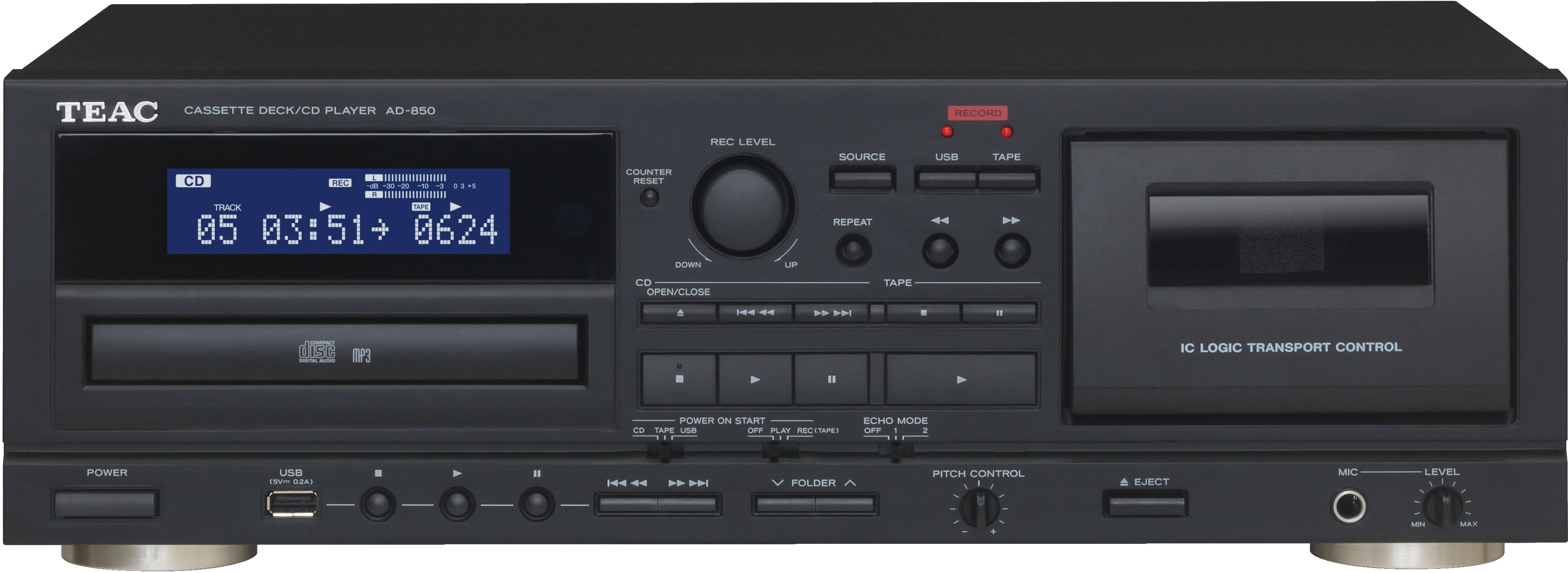 Teac AD-850(B) CD und Kassetten Player (Tapedeck, CD Musik-Spieler, mit Aufnahmefunktion für USB-Speicher, Karaoke-Funktion, Mikrofoneingang, CD-R-RW und MP3-Wiedergabe), Schwarz