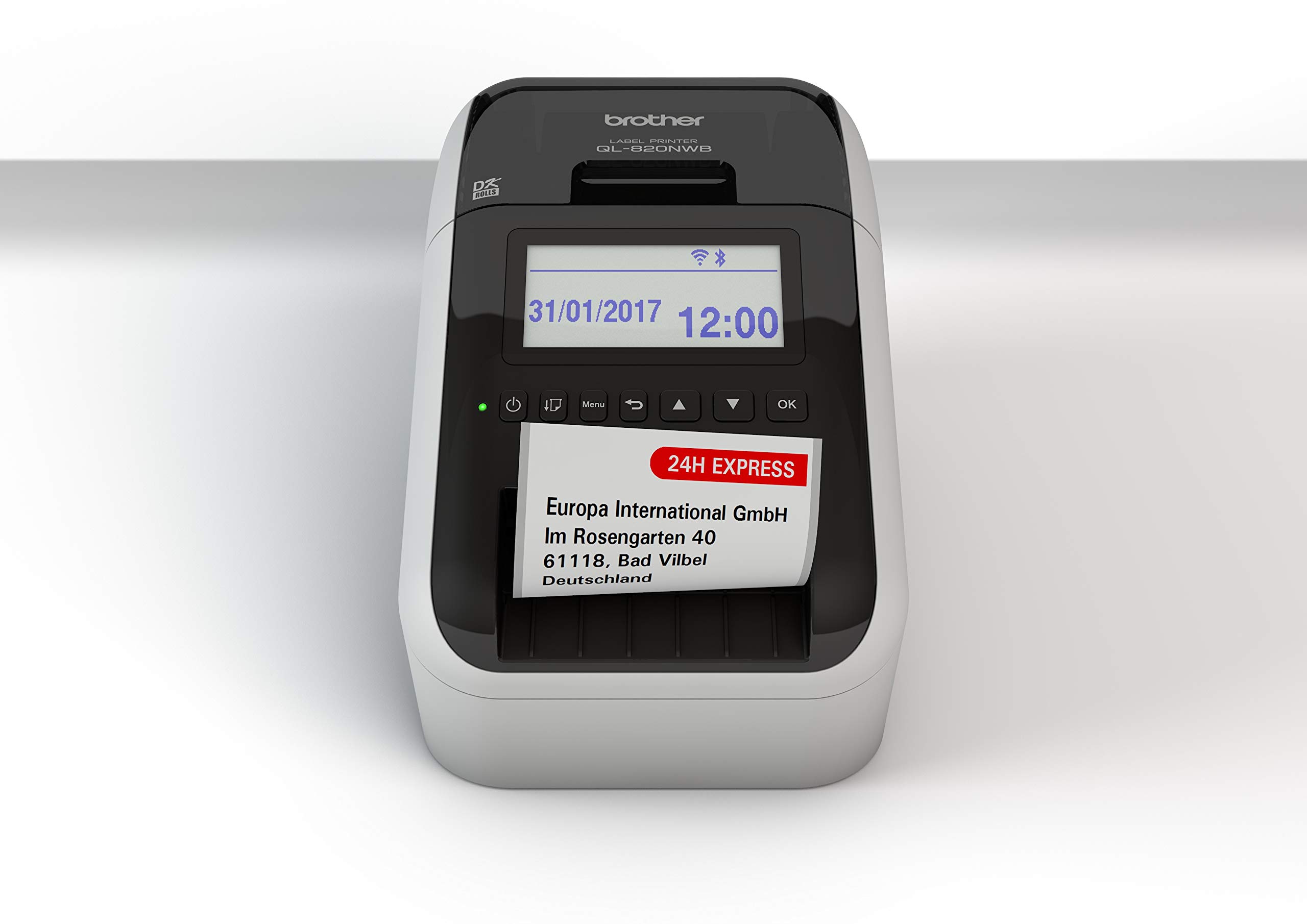 Brother QL-820NWB Netzwerk-Etikettendrucker (mit Rot-Schwarz-Druckfunktion, Schnittstellen: USB, WLAN, LAN, Bluetooth, beleuchtetes Grafik-LCD)