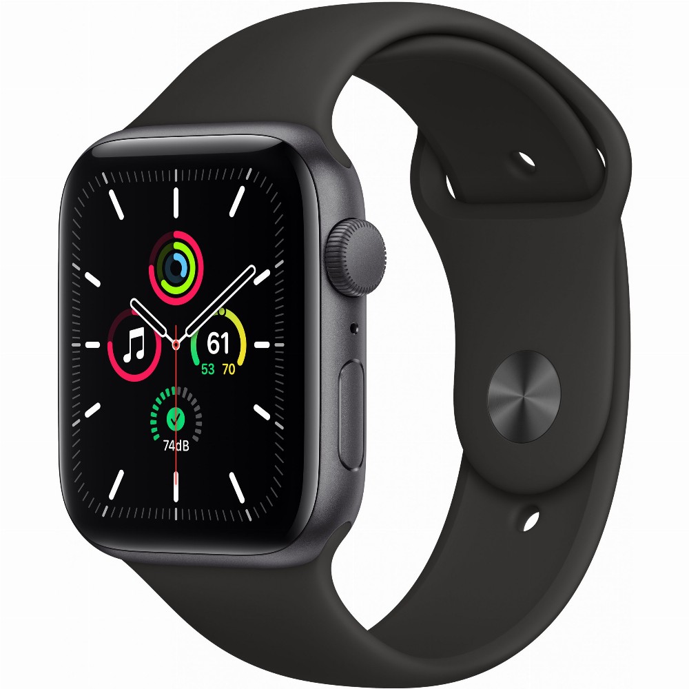 Apple Watch SE 2020 (1. Generation) Smartwatch GPS, 44mm, Aluminiumgehäuse Space Grau, Sportarmband Schwarz