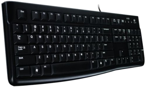 Logitech K120 Kabelgebundene Business Tastatur für Windows und Linux, USB-Anschluss, Leises Tippen, Robust, Spritzwassergeschützt, Tastaturaufsteller, US QWERTY-Layout - schwarz