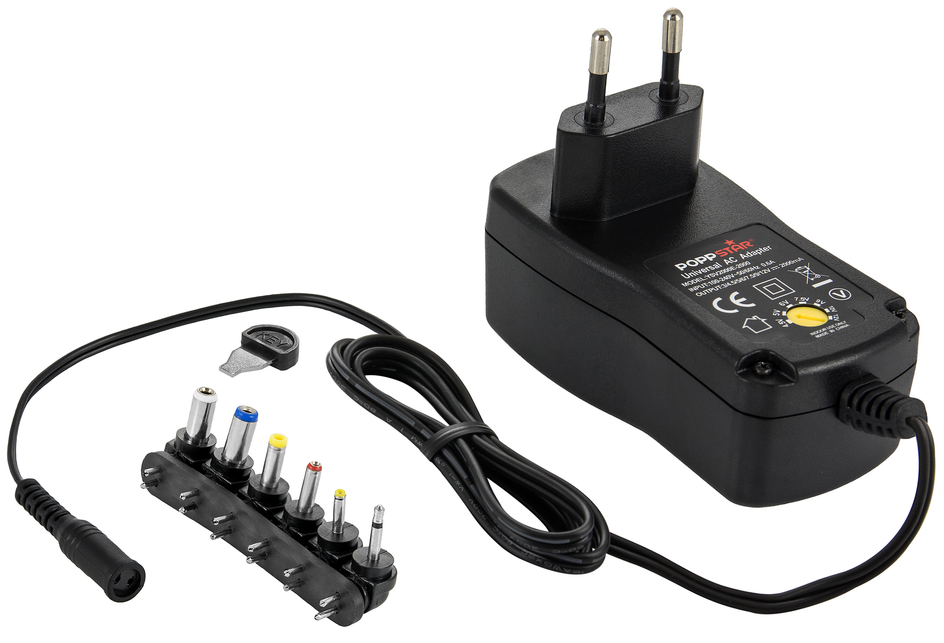 Poppstar Universal Schaltnetzteil (3V 4,5V 5V 6V 7,5V 9V 12V - 2A (2000mA) Netzteil mit 6 Wechselsteckern (5.5x2.5, 5.5x2.1, 4.0x1.7, 3.5x1.35, 2.35x0.7, 2.5mm Mono), 150cm