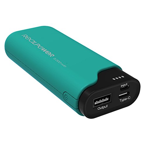 RealPower PB-5000C, 5.000mAh Powerbank-Externer Akku-Ladegerät, 2 x Out (1 x USB, 1 x Type-C), 2 x In (Micro-USB-Type-C), LED Kapazitätsanzeige, für iphone, Samsung Galaxy und weitere,(Grün)