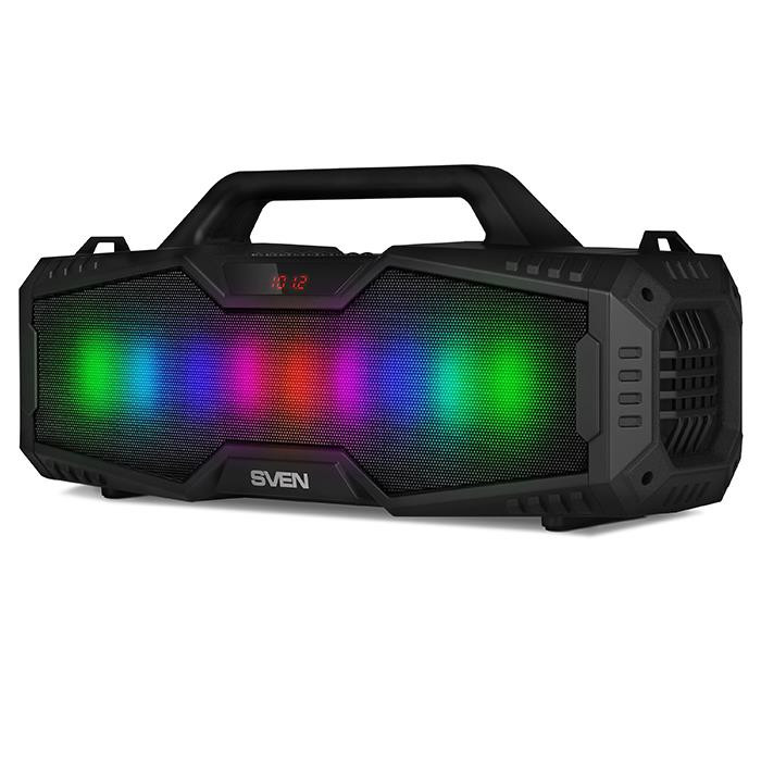 SVEN PS-480 24W Bluetooth-Lautsprecher, Party-Lautsprecher mit Lichteffekten, FM-Radio, LED-Display, Micro SD-Kartensteckplatz, schwarz