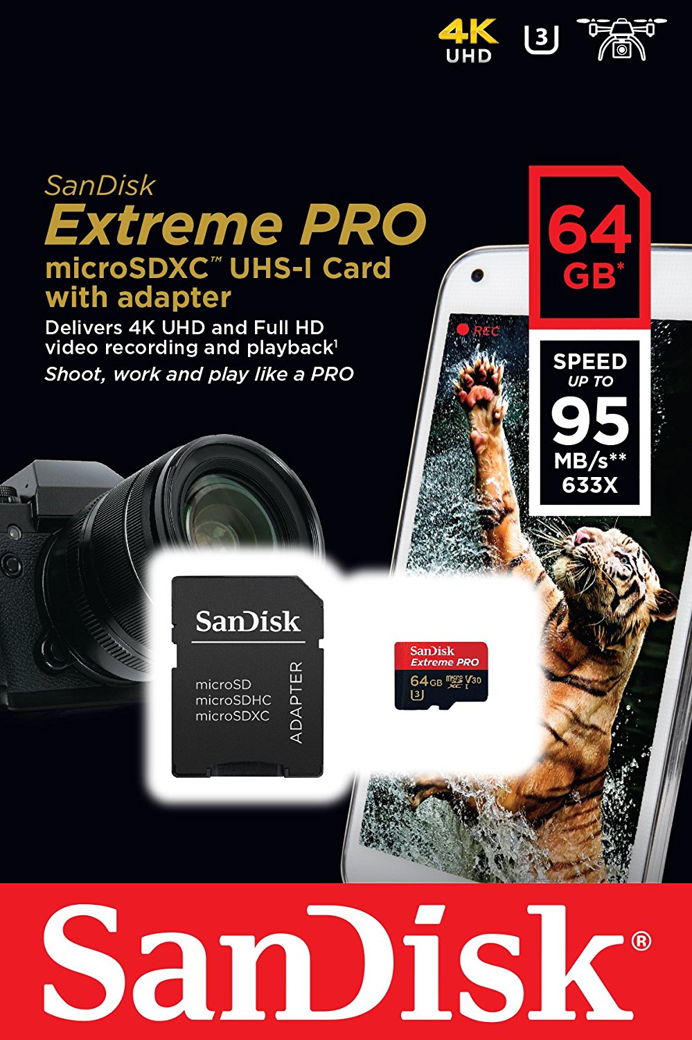 SanDisk Extreme PRO 64GB microSDXC Speicherkarte + SD-Adapter bis zu 95MB-Sek, Class 10, U3, V30