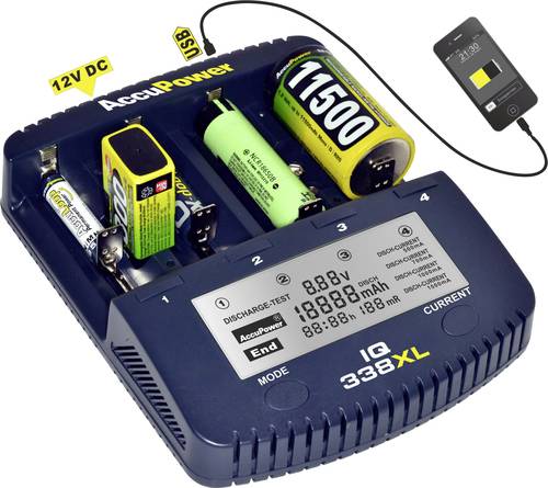AccuPower Rundzellen-Ladegerät NiCd, NiMH, LiIon IQ338XL 10440, 14500, 16340, 16650, 17355, 17500, 17670, 18490, 18500, 18650