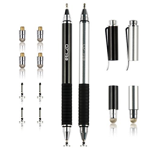 Elzo 3 in 1 Kapazitive Eingabestift Disc Stylus Gel Stift Touchstift Kugelschreiber 2 Stück mit 4 auswechselbare Disc-Spitzen und 2 auswechselbare Federspitzen Nanofiber Tipps für Touchscreen Tablet Asus/Lenovo und Mehr (Schwarz & Silber)