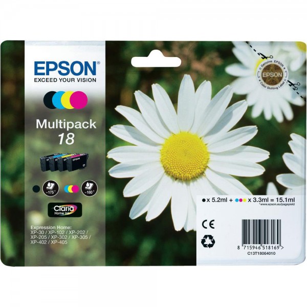 Epson Orginal 18 Tinte Gänseblümchen, XP-305 XP-402 XP-215 XP-312 XP-315 XP-412 XP-415 XP-225 XP-322 XP-325 XP-422 XP-425,Normalverpackung,Standard, (Multipack, 4-farbig)