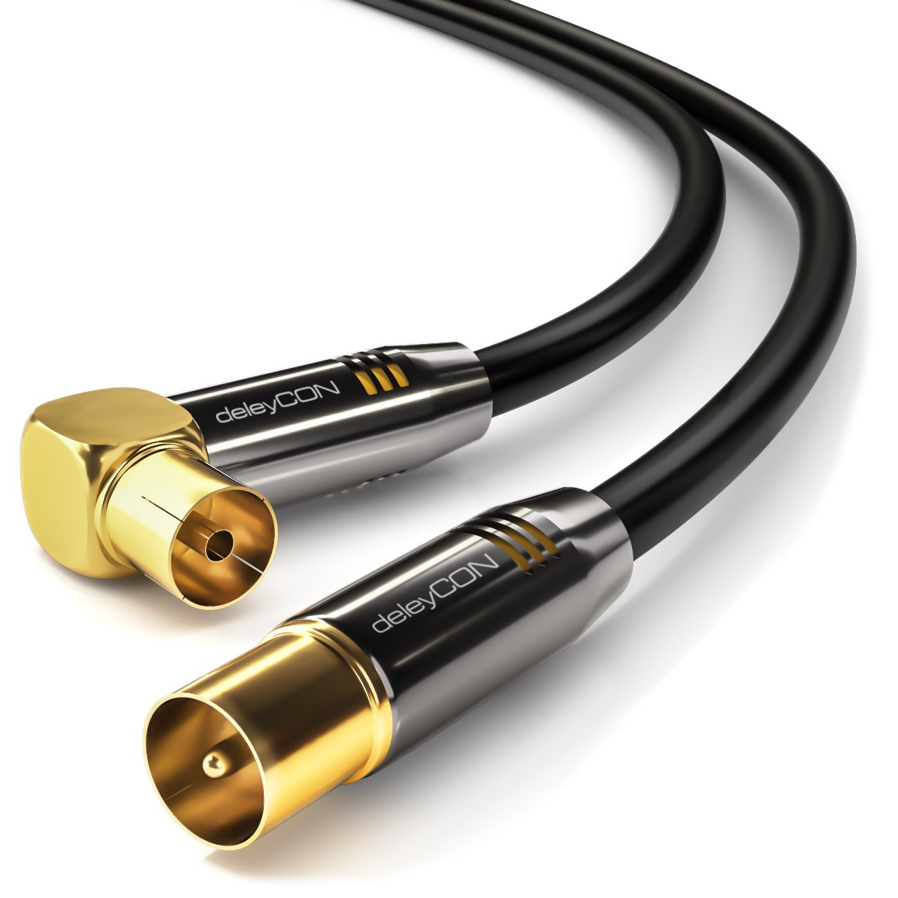 deleyCON 5m TV Antennenkabel PREMIUM HDTV Full HD - 1x gewinkelt - Koaxialkabel - TV-Stecker (gerade) zu TV-Buchse (90° Grad) - Schwarz - METALL