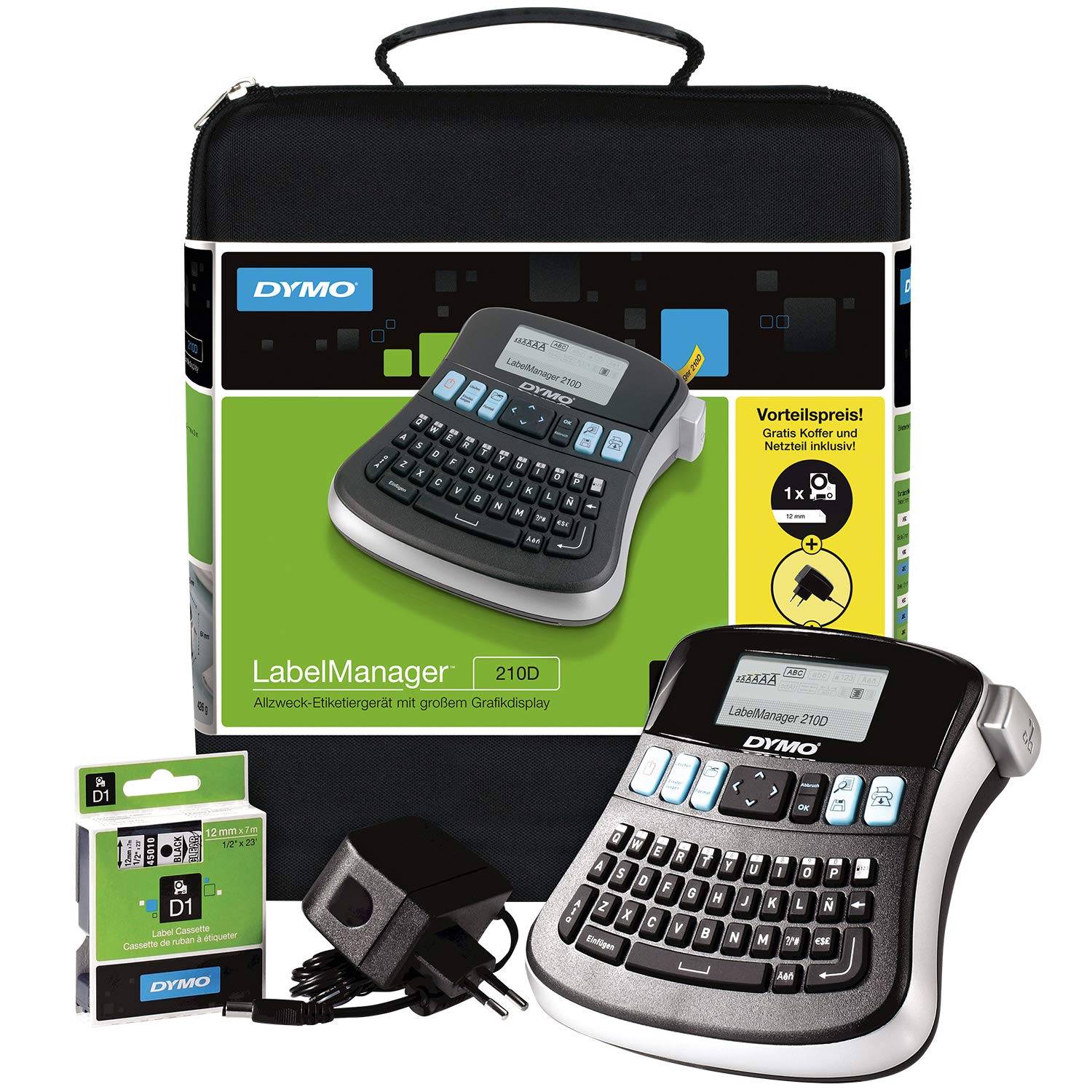 DYMO LabelManager 210D Handheld-Etikettendrucker-Set, QWERTY-Tastatur, mit 12 mm schwarzen auf weißen D1-Etiketten und Tragetasche