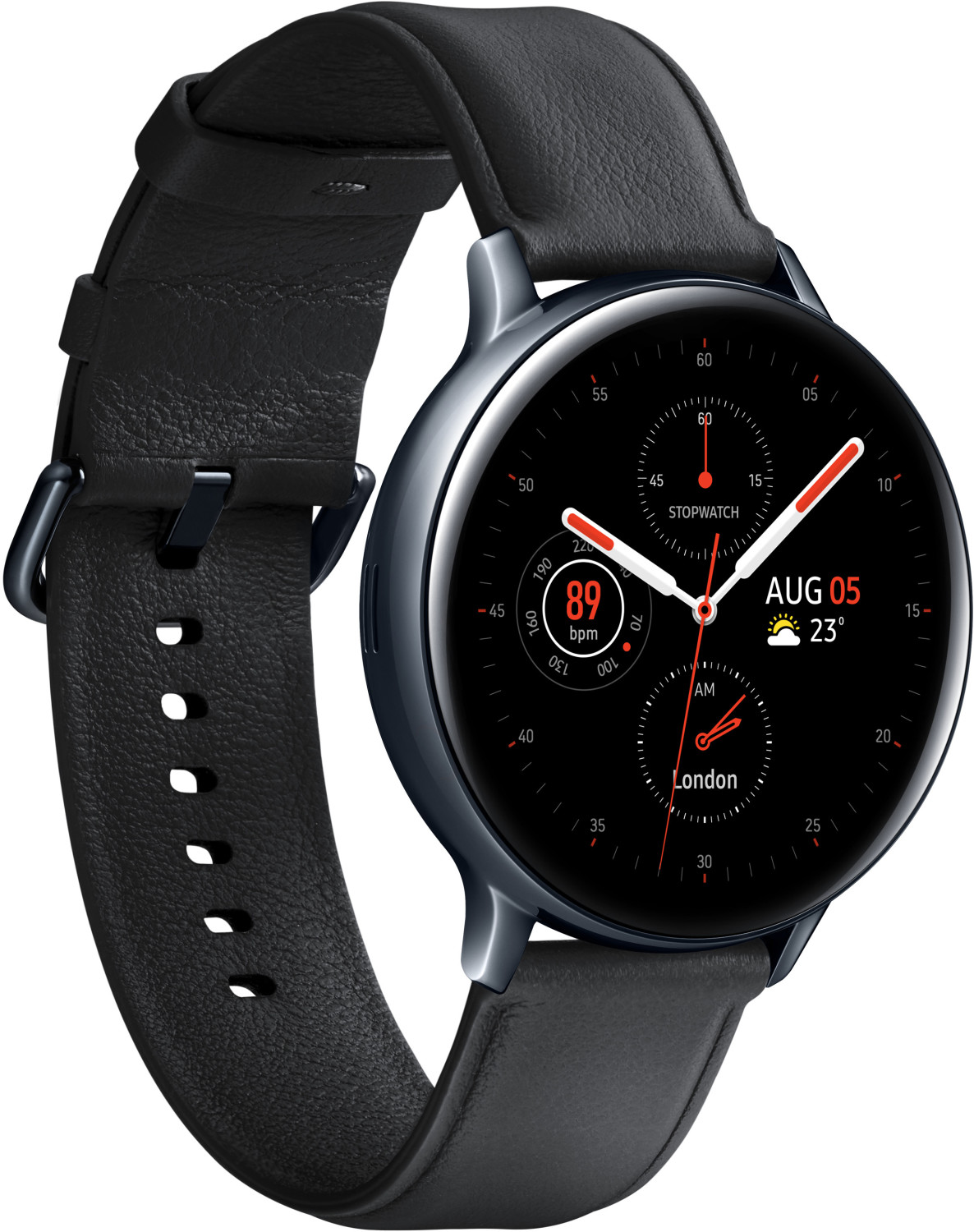 Samsung Galaxy Watch Active 2 Smartwatch GPS + LTE, Unisex, 44mm, Edelstahlgehäuse, Lederarmband, Schwarz