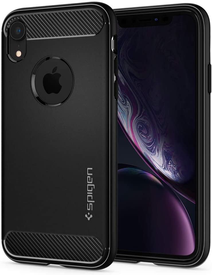 Spigen Rugged Armor Hülle, geeignet für Apple iPhone XR, robuste TPU Silikon Schutzhülle, stylisch, Karbon Design, Handyhülle, Case, Handy-Schutzhülle, schwarz (064CS24871)