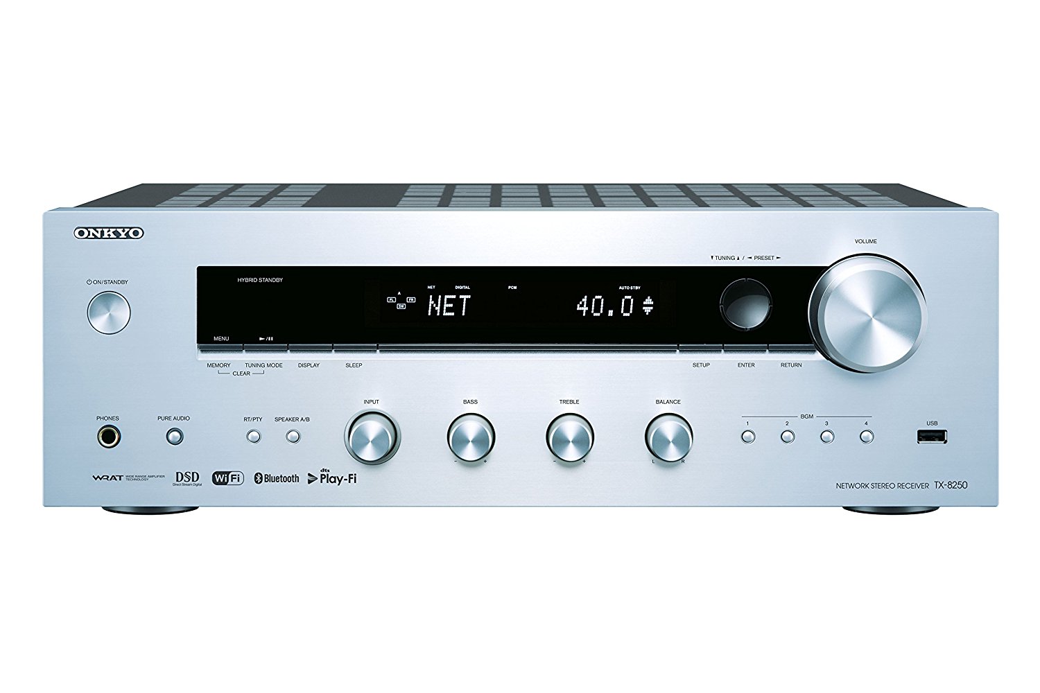 Onkyo TX-8250(S) Stereo Receiver (Hifi Verstärker 135 W-Kanal, Multiroom, WLAN, Bluetooth, Streaming, Musik Apps (Spotify, Tidal, Deezer), DAB+, Front USB-Audio in), Silber