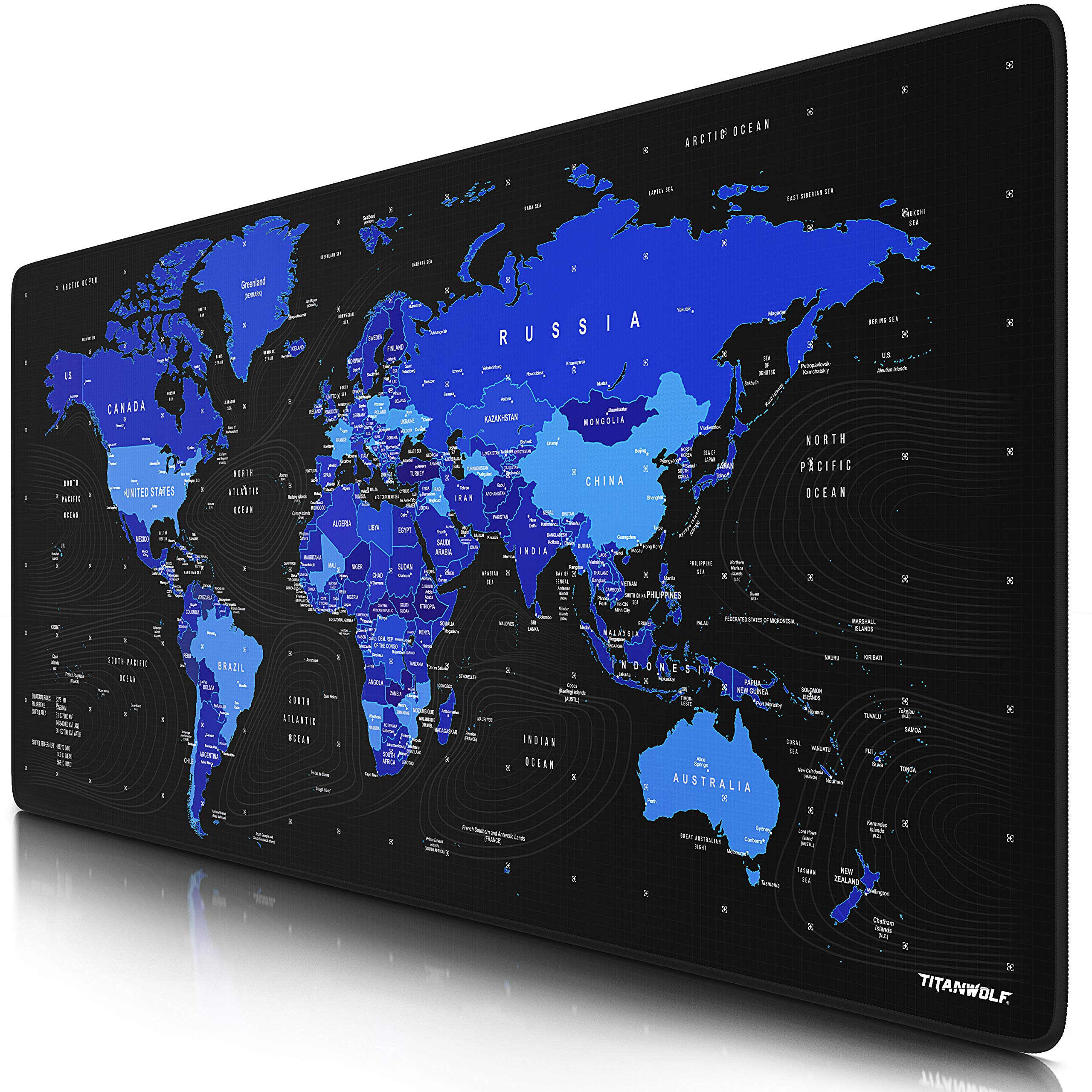 Titanwolf XXL Gaming Mauspad 900x400 mm - Tischunterlage mousepad groß - Präzision und Geschwindigkeit - Gummiunterseite - rutschfest strapazierfähig wasserabweisend Weltkarte schwarz blau