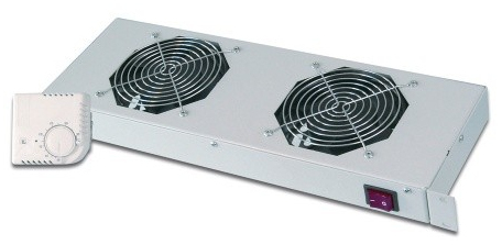 DIGITUS Lüftereinheit für 19'' Rack (1HE), oder Dachmontage in VarioFLEX Server- & Netzwerkschrank, 2x Lüfter, Thermostat, Grau (RAL 7035)
