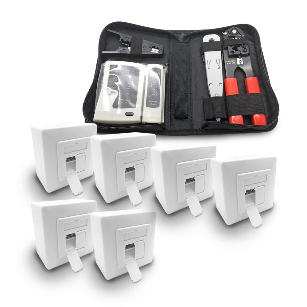 ARLI Netzwerk-Adapter, 6x ARLI Cat6a Netzwerkdose 2 Port + Werkzeugset - Crimpzange Rj45 + Tester + LSA + Kabelmesser Werkzeug Set