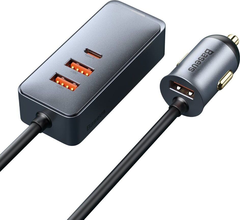 Baseus Autoladegerät Share Together mit Verlängerungskabel, 3x USB, USB-C, 120W (grau)