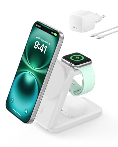 Belkin UltraCharge 3 in 1 Ladestation für Apple Watch und iPhone, Qi2, 25W, MagSafe-kompatibles Ladegerät, inklusive 45-W-Netzteil, weiß