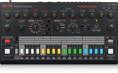 Behringer RD-78, analoger Drumcomputer mit 15 Instrumenten, 34 Preset-Patterns und MIDI-Anschluss