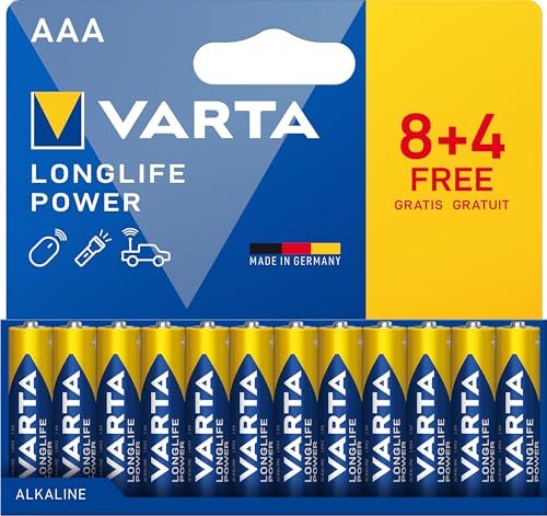 Varta Batterien AAA, 12 Stück, Longlife Power, Alkaline, ideal für Spielzeug, Funkmaus, Taschenlampen, plastikfreie Verpackung, Made in Germany