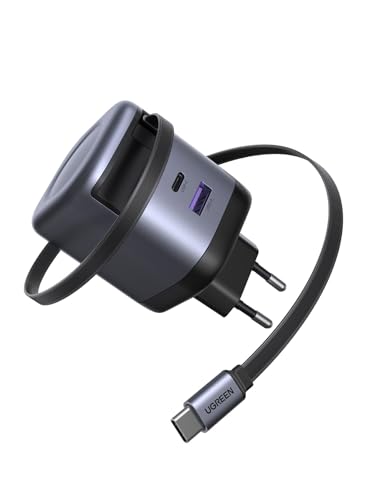 UGREEN Nexode 65W GaN USB-C Einziehbares Ladegerät, 3-Port Schnellladegerät mit 0,7 m Ladekabel, PPS kompatibel mit MacBook Pro/Air, iPhone 16-8 Serie, Galaxy S-A Serie, iPads