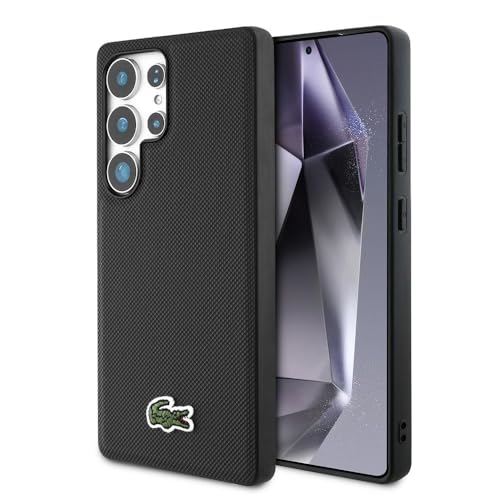 CG MOBILE Lacoste Iconic Petit Pique Woven Logo Hardcase-Hülle kompatibel mit MagSafe für Samsung Galaxy S25 Ultra, TPU/PC, Schwarz